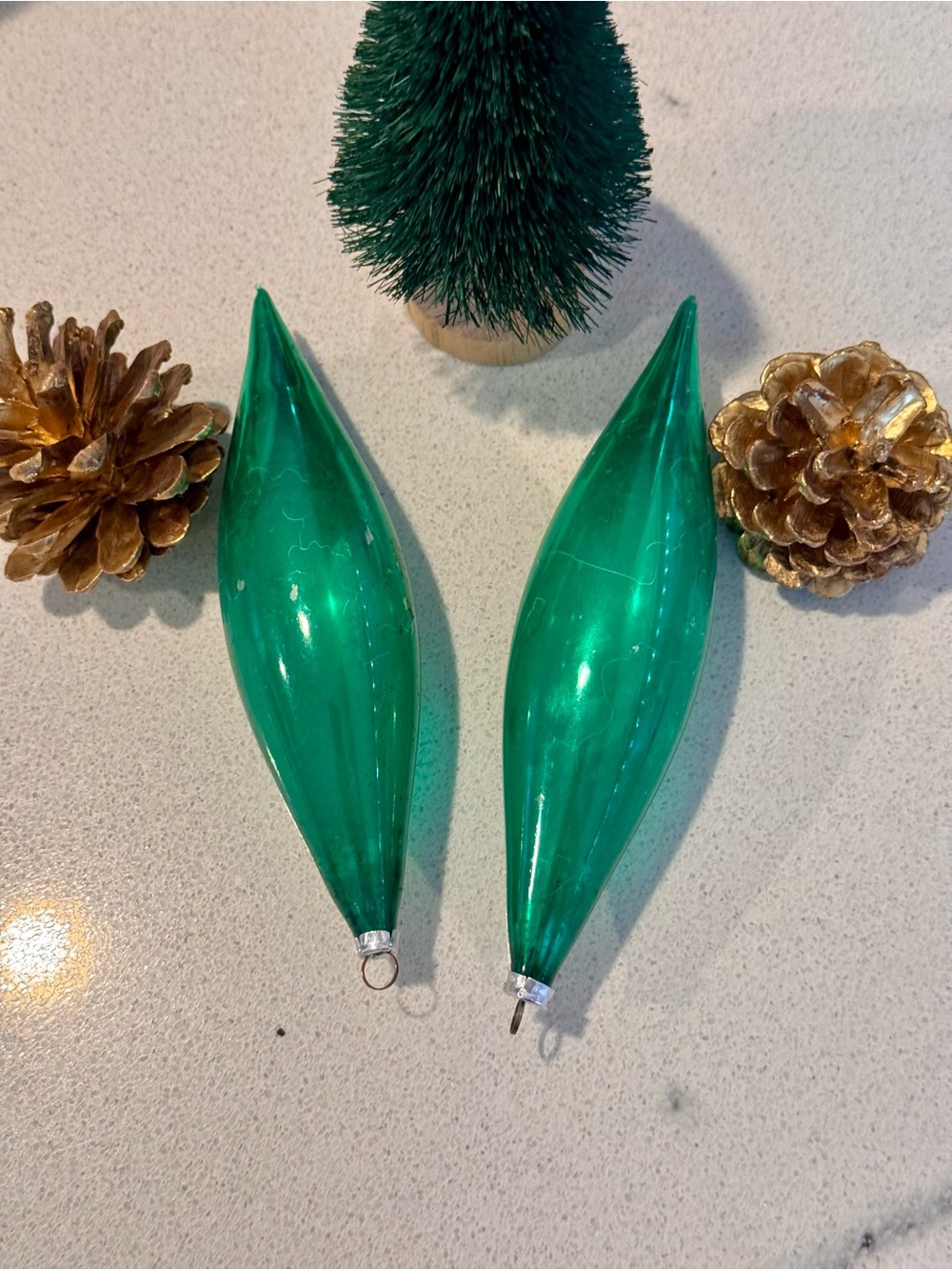 VTG West Germany Mercury Glass Torpedo Ornaments - Set of 2 Emerald Green